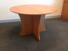 Polished Timber Veneer Round Table On Scallop Cross Panel Base